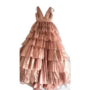 10314 Size 6 Sherri Hill rose gold tiered ball gown plunging v-neck neckline